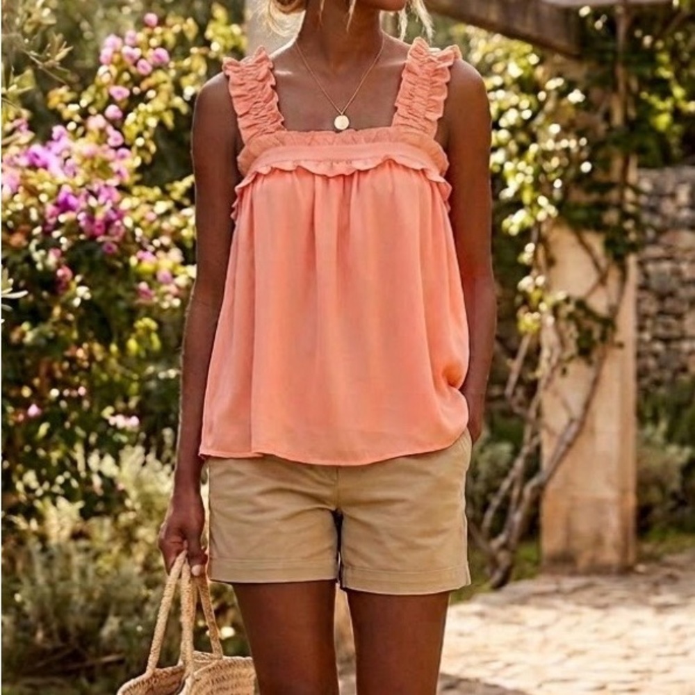 J Crew peach ruffle detail sleeveless blouse crisscross back relaxed fit sz 10